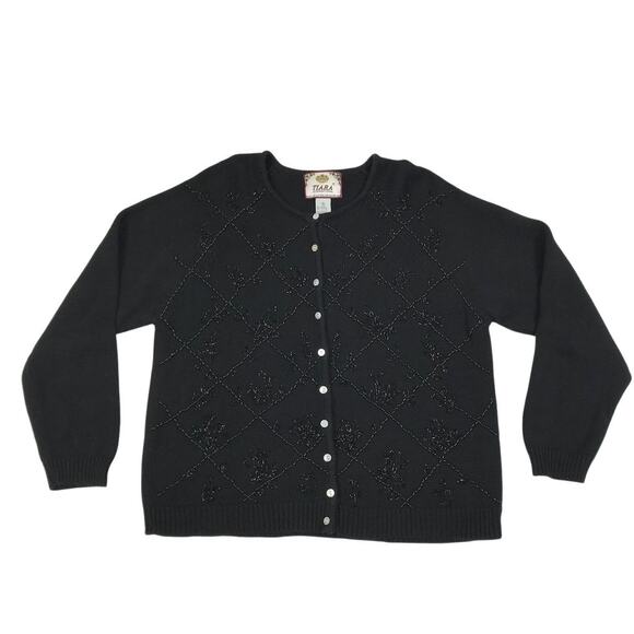 TIARA Embroidery Knit Cardigan Women XL Black Retro Nostalgia VTG Clasic Holiday - Picture 3 of 9
